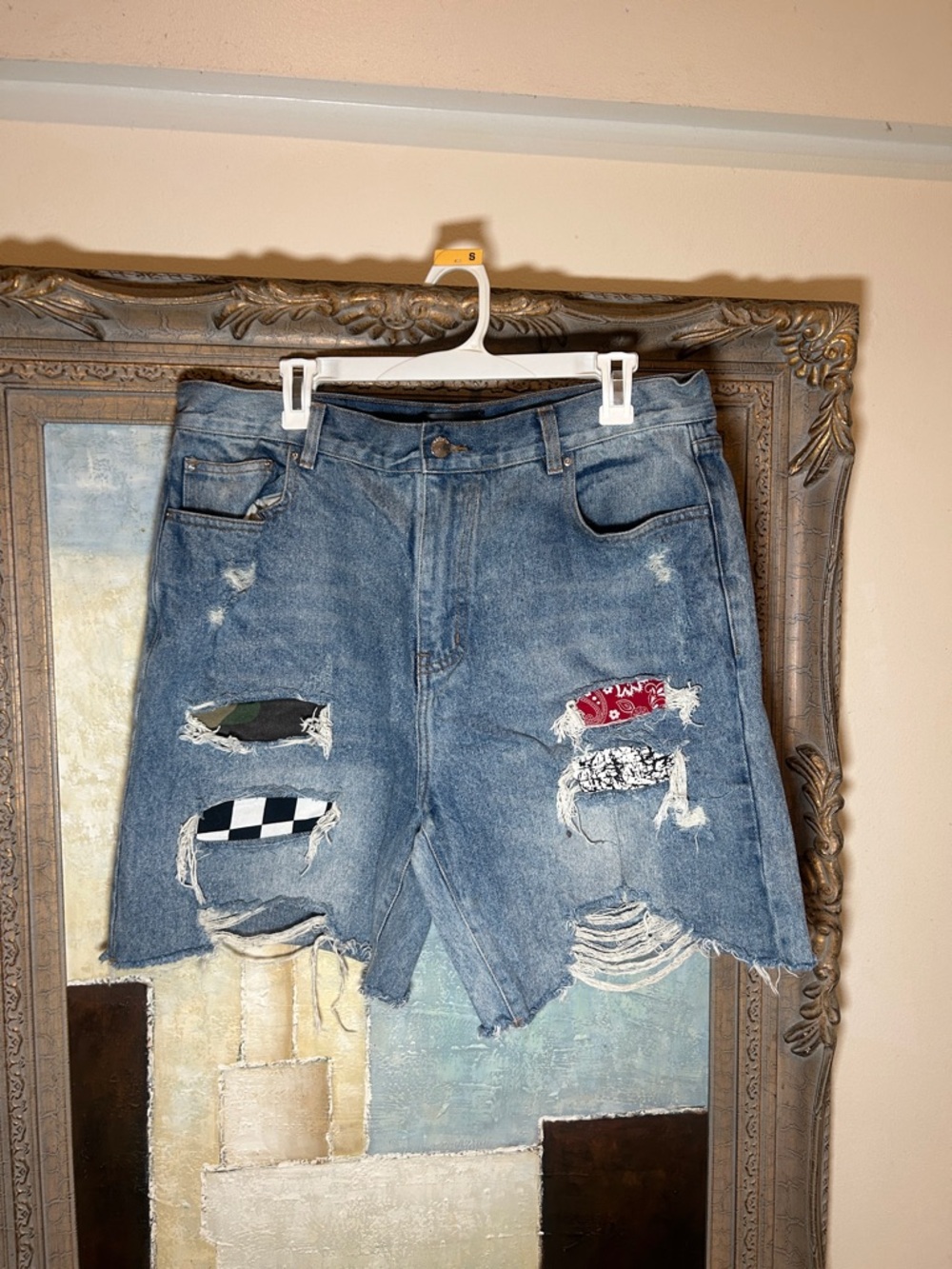 Distressed Patchwork Denim Shorts - Blue